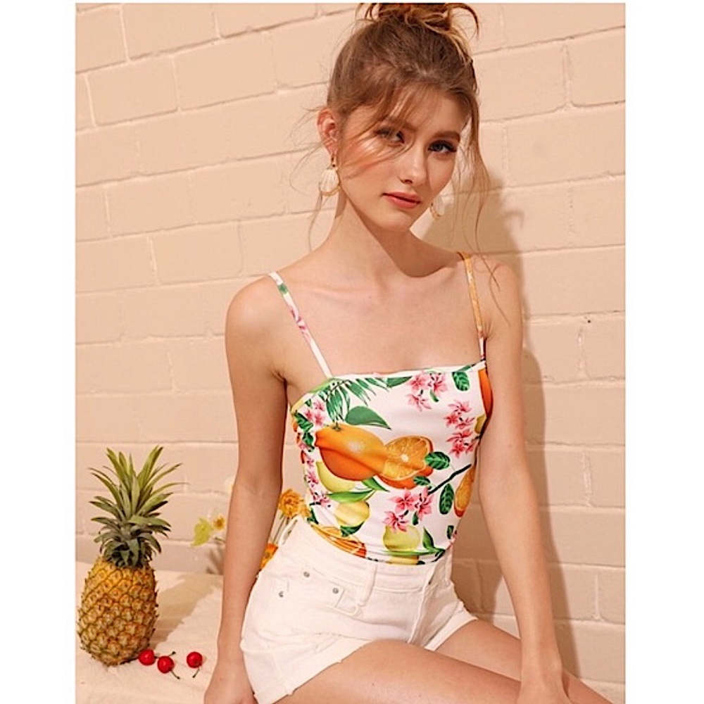 SHEIN | TROPICAL CITRUS PRINT BOHO VACATION FESTIVAL SQUARE NECK BODYSUIT